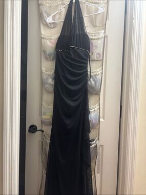 Blondie Nites Black Halter Prom Gown with Beaded Waist
